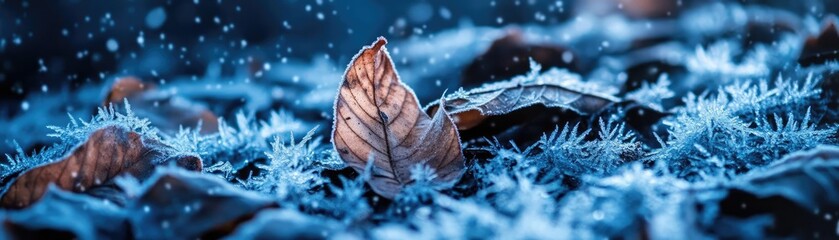 A close-up view of a frozen leaf on frosty ground, showcasing nature's beauty in winter with delicate ice crystals surrounding it.