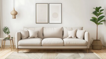 Interior design of living room interior with beige sofa, fig plant and mockup frame