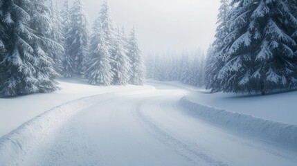 Obraz premium A serene winter landscape featuring snow-covered trees and a winding road in a tranquil, misty atmosphere.