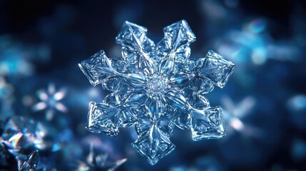 Close-up of a stunning snowflake, showcasing intricate patterns and crystal structures in a cool blue background.