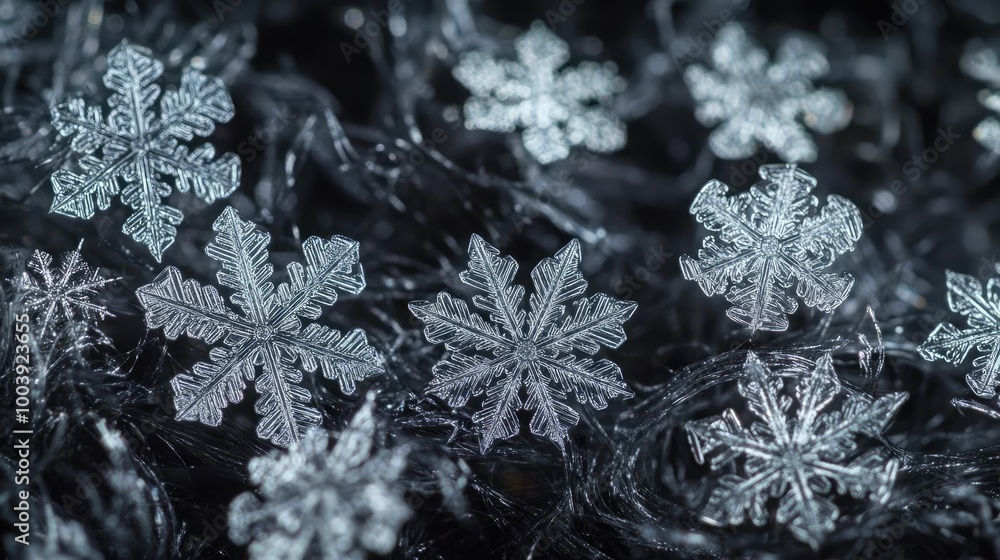 Poster close-up of intricate snowflakes on a dark background, showcasing unique patterns and textures that 
