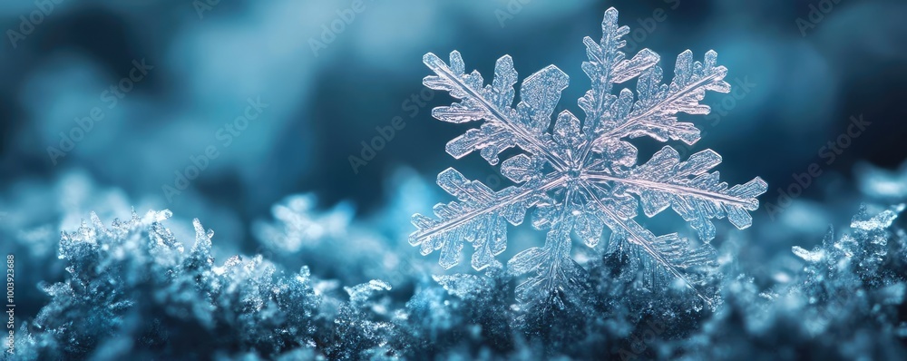 Poster a close-up of an intricate snowflake resting on a shimmering surface, capturing the delicate beauty 