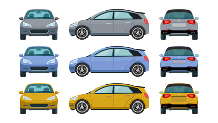Stylish Modern Cartoon Hatchback Car Vector: Front, Side, Rear and Back Views in Vibrant Yellow, Blue, and Gray