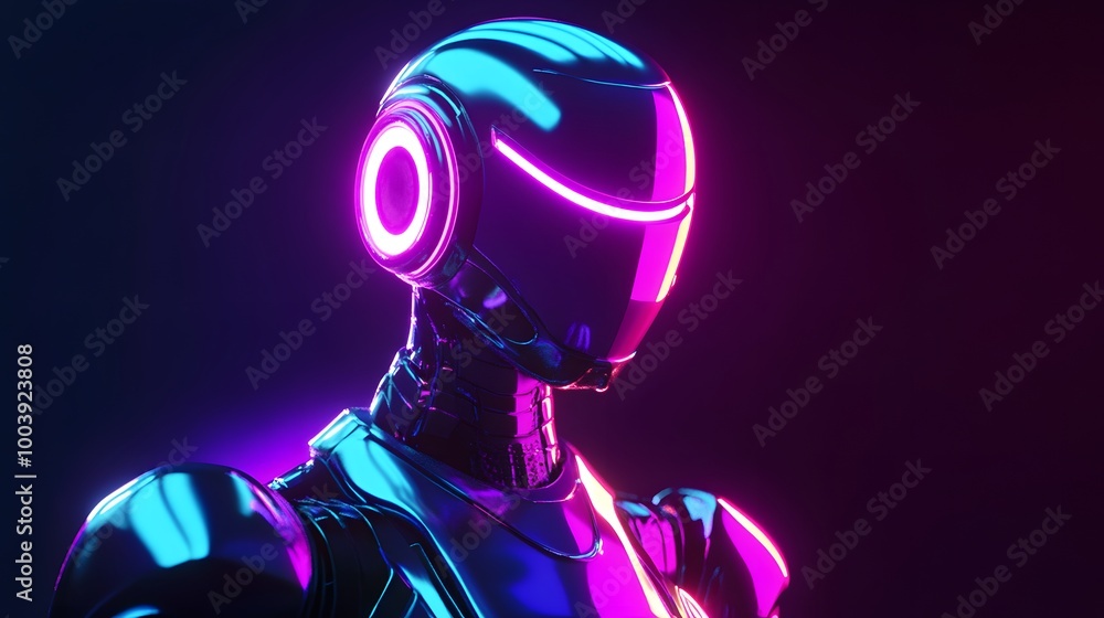 Poster robot or artificial human made of iridescent plastic material in neon lights. 3d rendering illustrat
