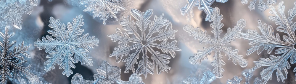 Poster beautiful close-up of unique snowflakes showcasing intricate patterns and delicate textures, perfect