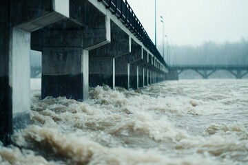 An intense view of a bridge over a rapidly flowing river, highlighting turbulent water and a moody, cloudy atmosphere.