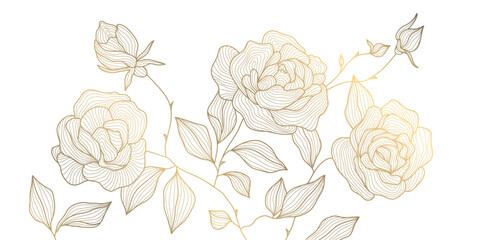 Vector golden flowers line background, gold roses wallpaper. Vintage nature ornament, bloom luxury wedding graphic, botanical japanese pattern