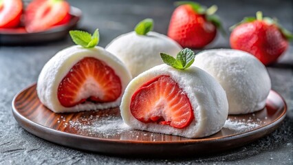 Low angle view of delicious strawberry daifuku with red bean paste