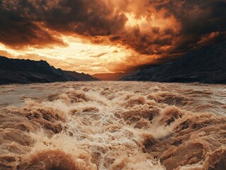 Dramatic river scene with turbulent waters under a fiery sunset sky, showcasing the power of nature's elements and beauty.