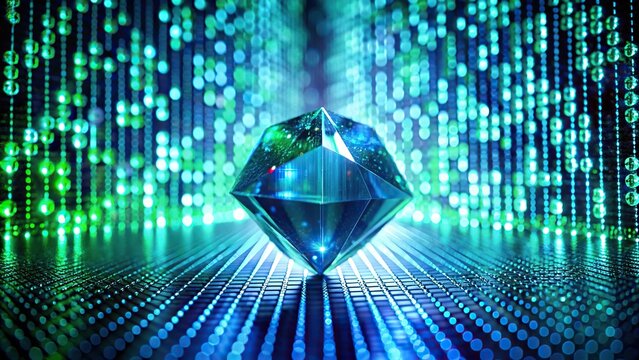 Low angle view of crystal with binary code in green and blue against natural background