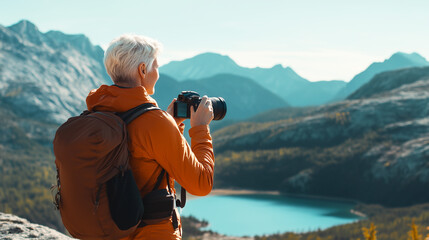 A mature woman with white short hair and a backpack on her back stands on a rock and takes a photo of an autumn landscape. Bright sunny day, mountains around and a mountain lake below.