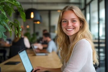 Young blonde woman smiling and looking at camera while working on her laptop.