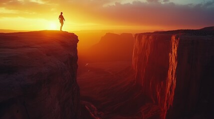 Fototapeta premium Lone Hiker Standing on Cliff Edge Overlooking Canyon at Sunset
