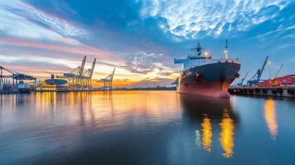 Large cargo ship docked at a port with cranes and containers, symbolizing a port strike, highlighting the scale of the port and the absence of activity.