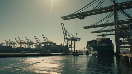 Obraz premium Large cargo ship docked at a port with cranes and containers, symbolizing a port strike, highlighting the scale of the port and the absence of activity.