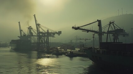 Obraz premium Large cargo ship docked at a port with cranes and containers, symbolizing a port strike, highlighting the scale of the port and the absence of activity.