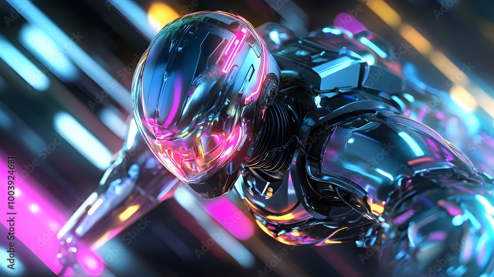 Poster robot or artificial human made of iridescent plastic material in neon lights. 3d rendering illustrat