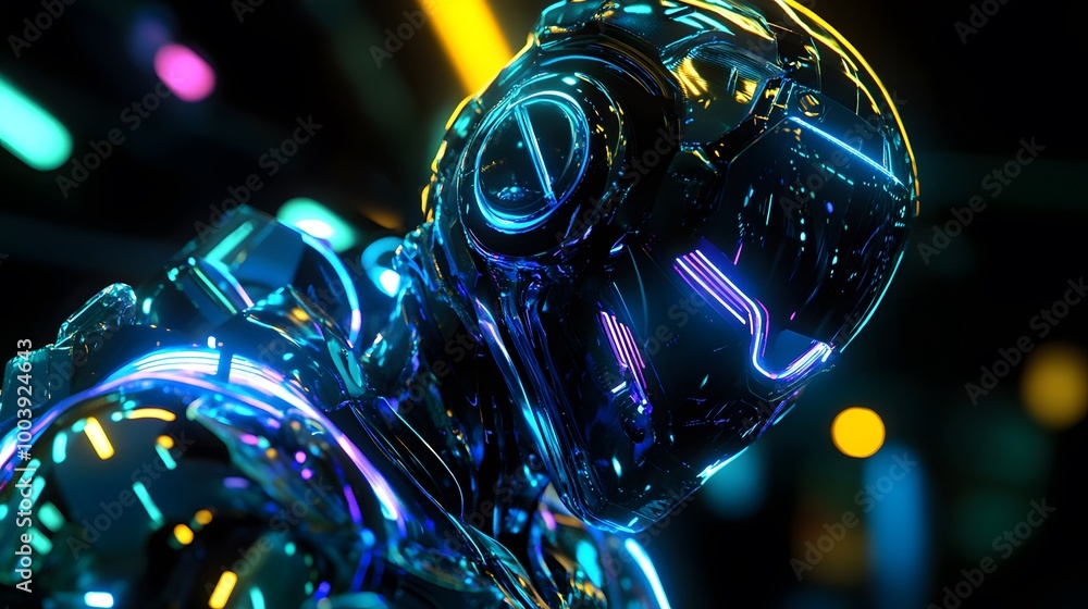 Poster robot or artificial human made of iridescent plastic material in neon lights. 3d rendering illustrat