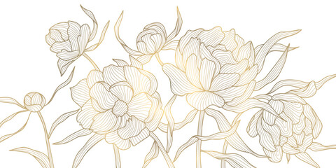 Vector golden flowers line background, gold peonies wallpaper. Vintage nature ornament, bloom luxury wedding graphic, botanical japanese pattern © marylia17