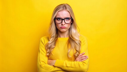 Naklejka premium With puffed cheeks and glasses, a blonde girl stands with her arms crossed, looking upset against a cheerful