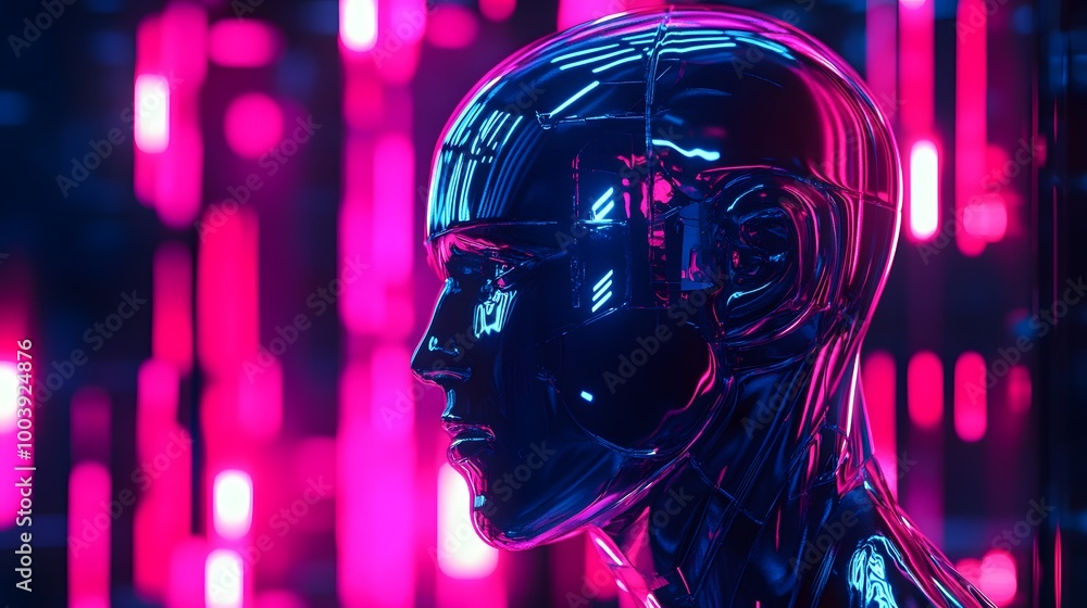 Poster robot or artificial human made of iridescent plastic material in neon lights. 3d rendering illustrat
