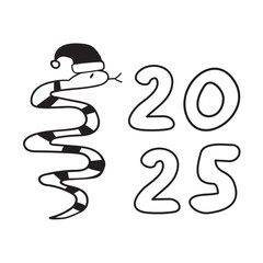 Outline design. 2025. Snake with Christmas hat. Hand drawn illustration on white background.