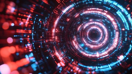 Obraz premium A vibrant, futuristic digital tunnel composed of glowing blue and red lights, representing the flow of data and technology. Abstract, high-tech visualization