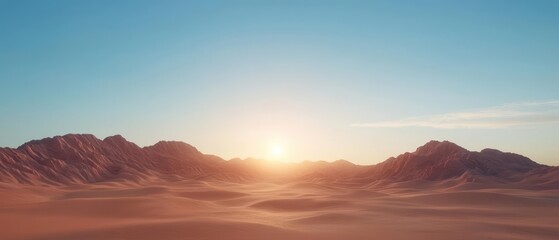 Naklejka premium Breathtaking sunset over vast desert landscape with mountains, clear sky, and soft golden sands.