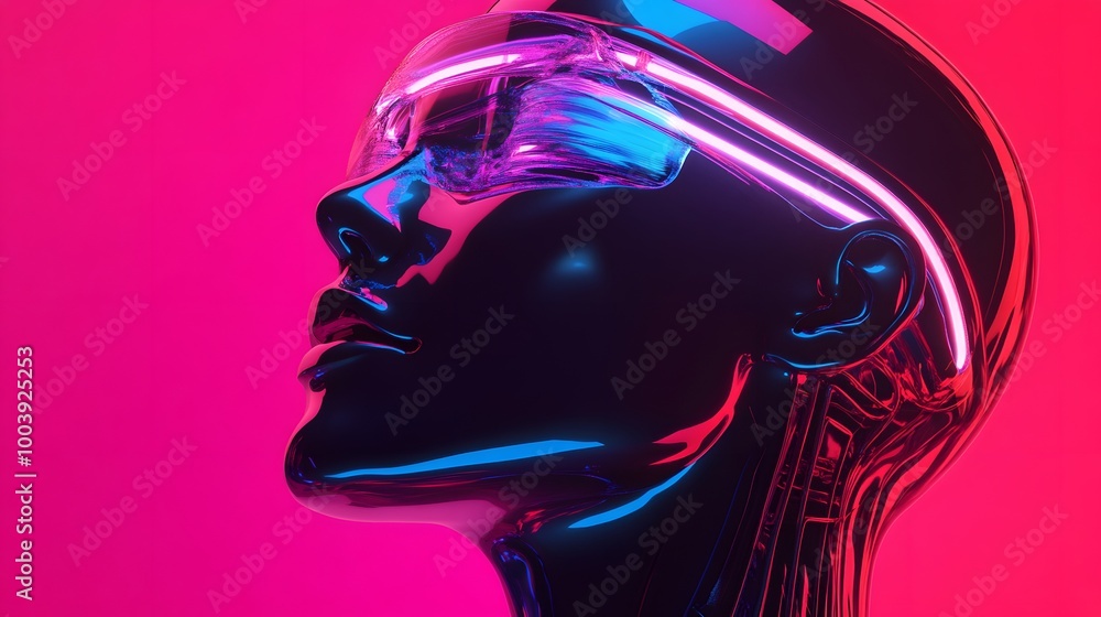 Poster robot or artificial human made of iridescent plastic material in neon lights. 3d rendering illustrat