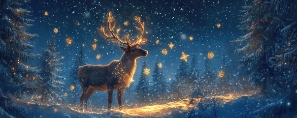 A serene winter scene featuring a majestic reindeer amid falling snowflakes and glowing stars, perfect for holiday themes.