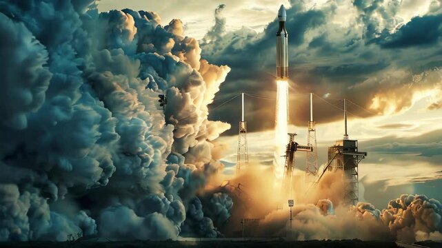 Rocket launch with smoke and clouds