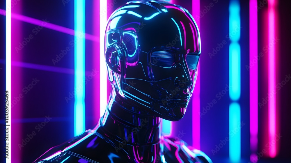 Poster robot or artificial human made of iridescent plastic material in neon lights. 3d rendering illustrat