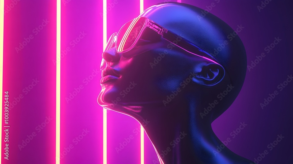 Poster robot or artificial human made of iridescent plastic material in neon lights. 3d rendering illustrat