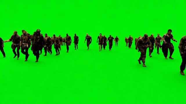 Group of zombies walking forward on a green screen background, ideal for horror and cinematic special effects