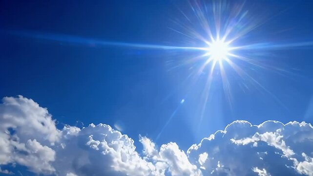Bright sunshine shining through puffy clouds in a clear blue sky.