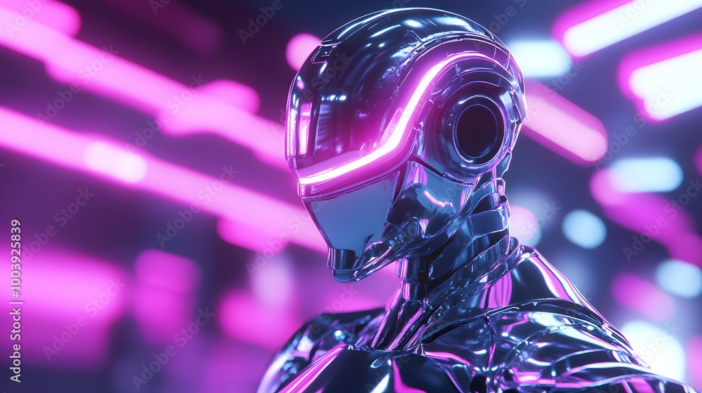Poster robot or artificial human made of iridescent plastic material in neon lights. 3d rendering illustrat