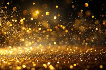 Low angle view of particles with golden light on dark backdrop