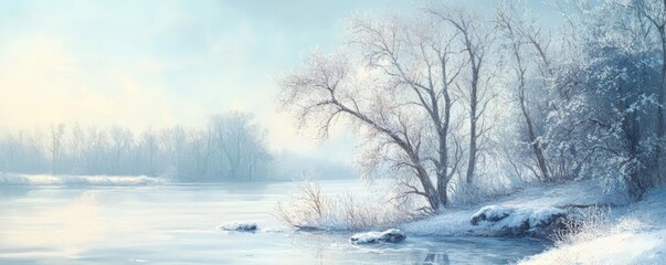 Fototapeta premium Serene winter landscape featuring tranquil water, bare trees, and soft snow, creating a peaceful and dreamy atmosphere.
