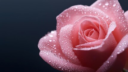 Close-up of a pink rose adorned with water droplets, against a dark background.