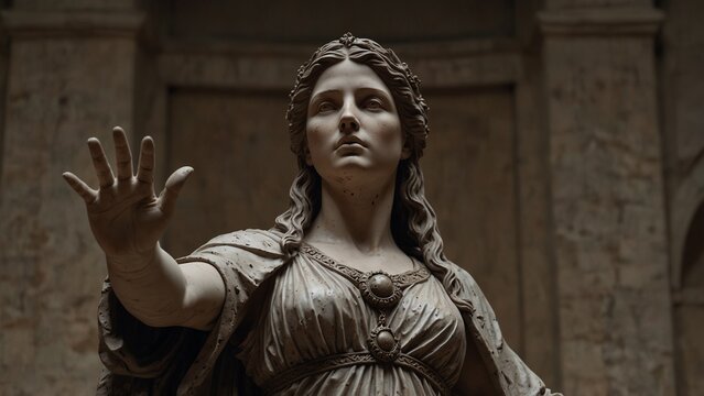 A dramatic statue of Cassandra, with her hands outstretched in prophecy, her face filled with the torment of seeing the future that no one will believe.