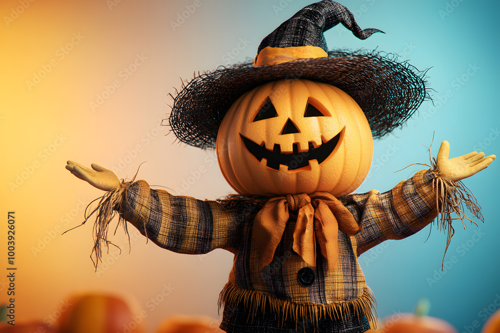 Poster Cute 3d cartoon scary scarecrow on color background. Happy Halloween Day.