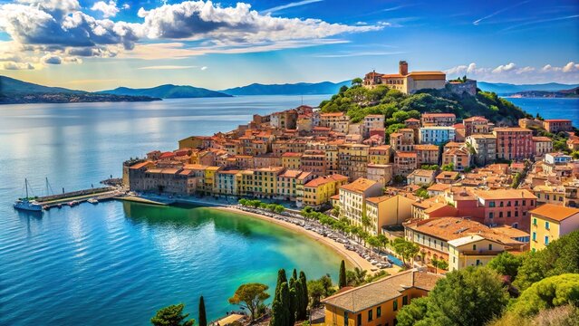 Low angle view of Porto Santo Stefano with copy space from the side of the Spanish fortress in Commune of Monte Argentario Grosseto