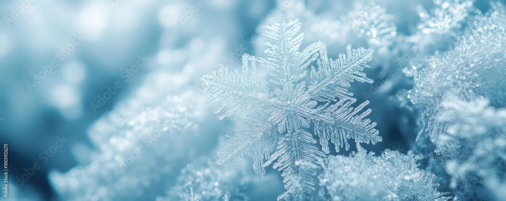 Poster a close-up of a delicate snowflake resting on an ice crystal background, showcasing intricate patter