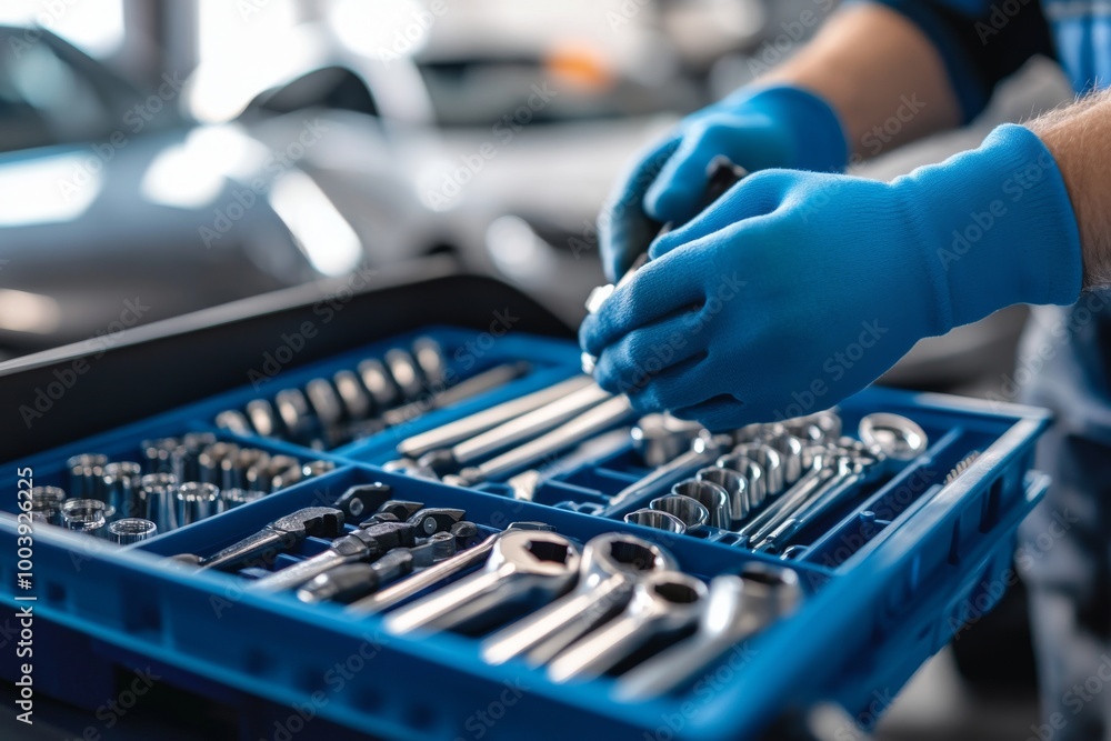 Poster a mechanic reaches into a toolbox filled with tools.