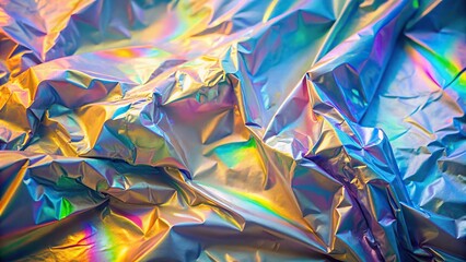 Low angle view of rainbow spilled gasoline with crumpled cellophane backdrop