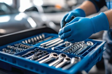 A mechanic reaches into a toolbox filled with tools.