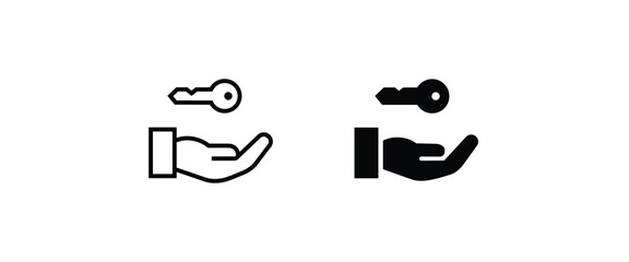 Hand holding a key icon, Key in hand, key from the house line and flat icons set, editable stroke isolated on white, linear vector outline illustration, symbol logo design style