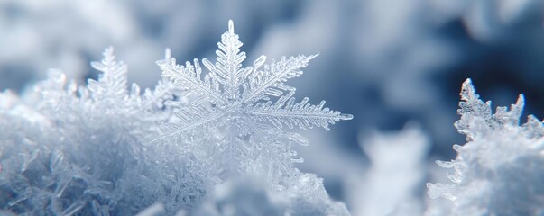 Close-up of an intricate snowflake resting on a blanket of soft snow, showcasing delicate patterns against a cool blue backdrop.