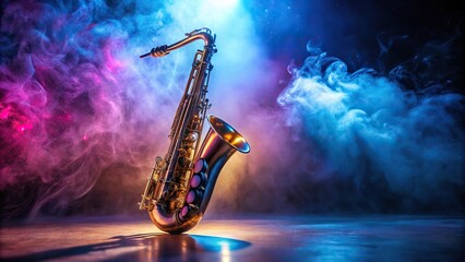 Fototapeta premium Low angle view of saxophone in smoky atmosphere with neon lights