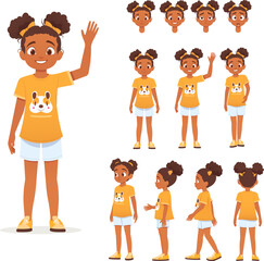 Character design of girl with curly hair in yellow t-shirt and shorts. Front, side, and back views with multiple facial expressions. Cartoon illustration for animation or character development.